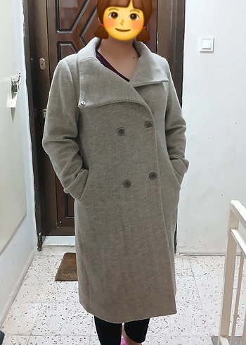 Gri Midi Kadın Düğmeli Kaban - Görsel 4