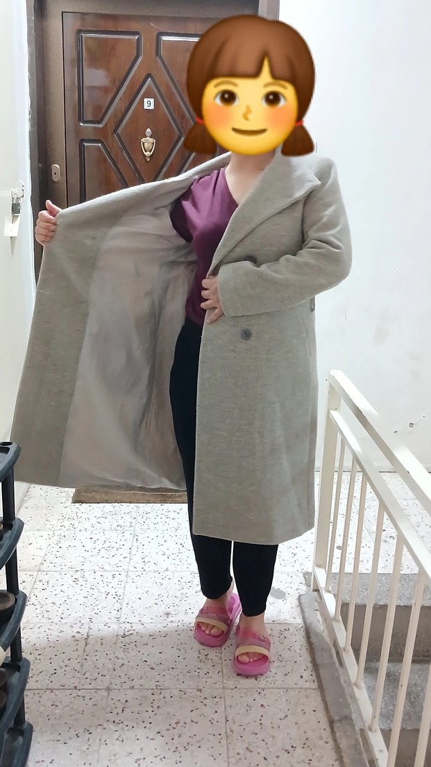 Gri Midi Kadın Düğmeli Kaban - Görsel 2