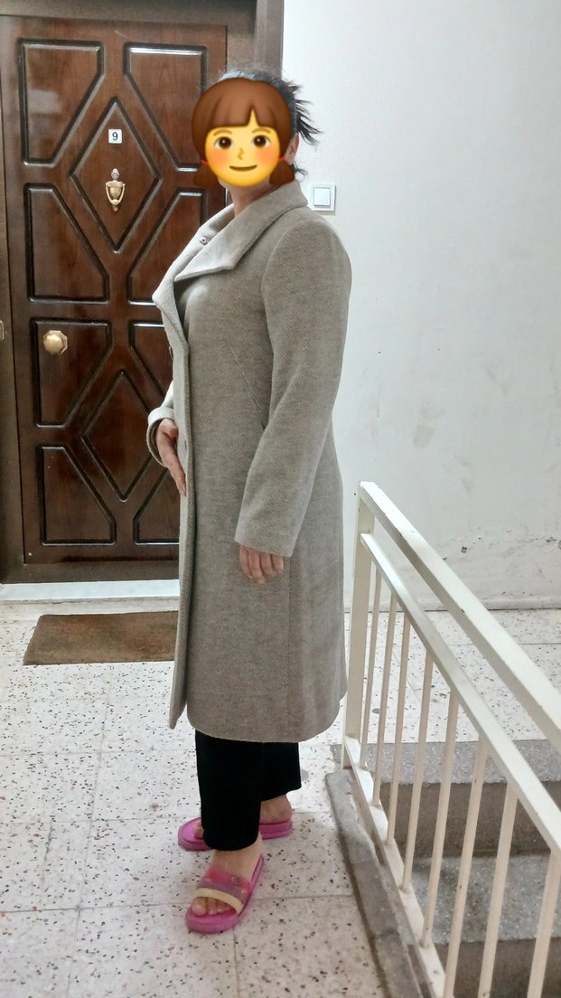 Gri Midi Kadın Düğmeli Kaban - Görsel 3