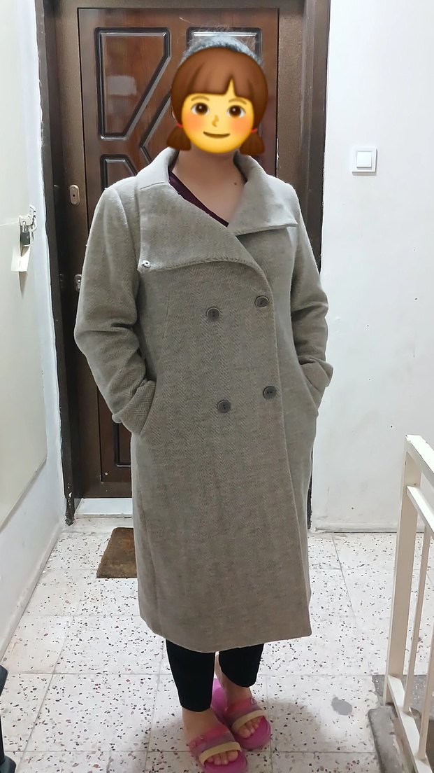 Gri Midi Kadın Düğmeli Kaban - Görsel 4