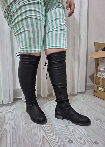 Kadın Siyah Diz Üstü Çizme İnce Topuklu - Görsel 2