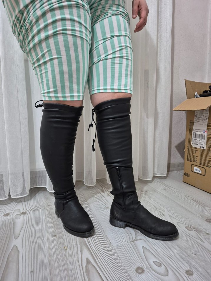 Kadın Siyah Diz Üstü Çizme İnce Topuklu - Görsel 2