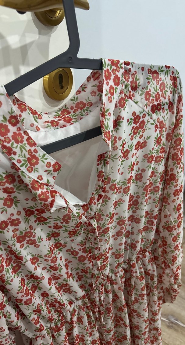 Çiçek Desenli Kırmızı Bohem Mini Elbise - Görsel 3