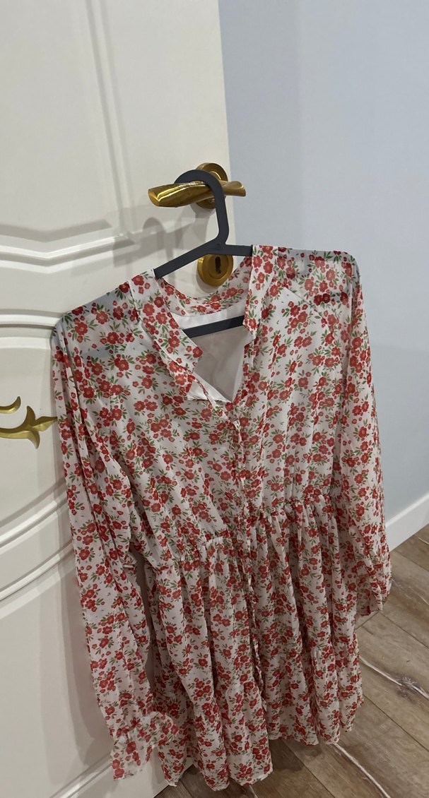 Çiçek Desenli Kırmızı Bohem Mini Elbise - Görsel 2