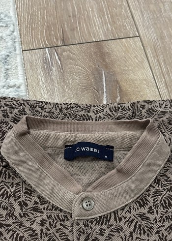 Düğmeli Kısa Kollu Kahverengi Keten Polo Tişört - Görsel 2