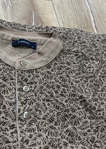 Düğmeli Kısa Kollu Kahverengi Keten Polo Tişört - Görsel 3