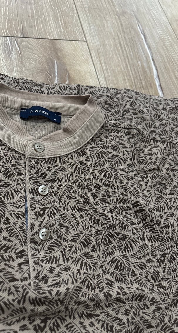 Düğmeli Kısa Kollu Kahverengi Keten Polo Tişört - Görsel 3