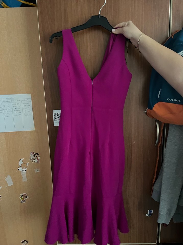 Mor V Yakalı Fırfırlı Midi Abiye Elbise - Görsel 2