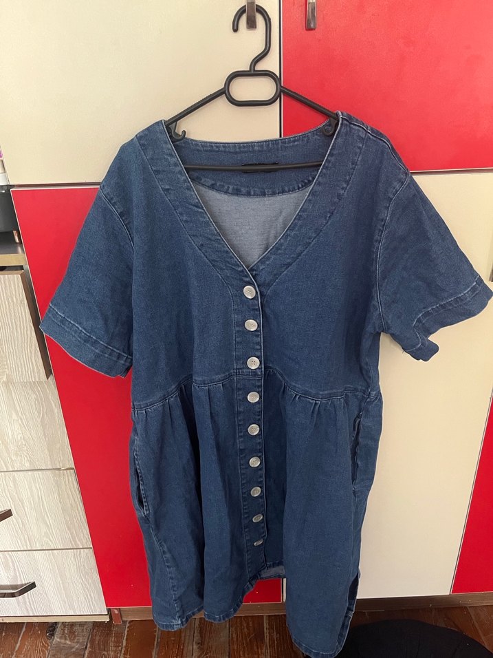 Mavi Denim Düğmeli V Yaka Midi Elbise - Görsel 4