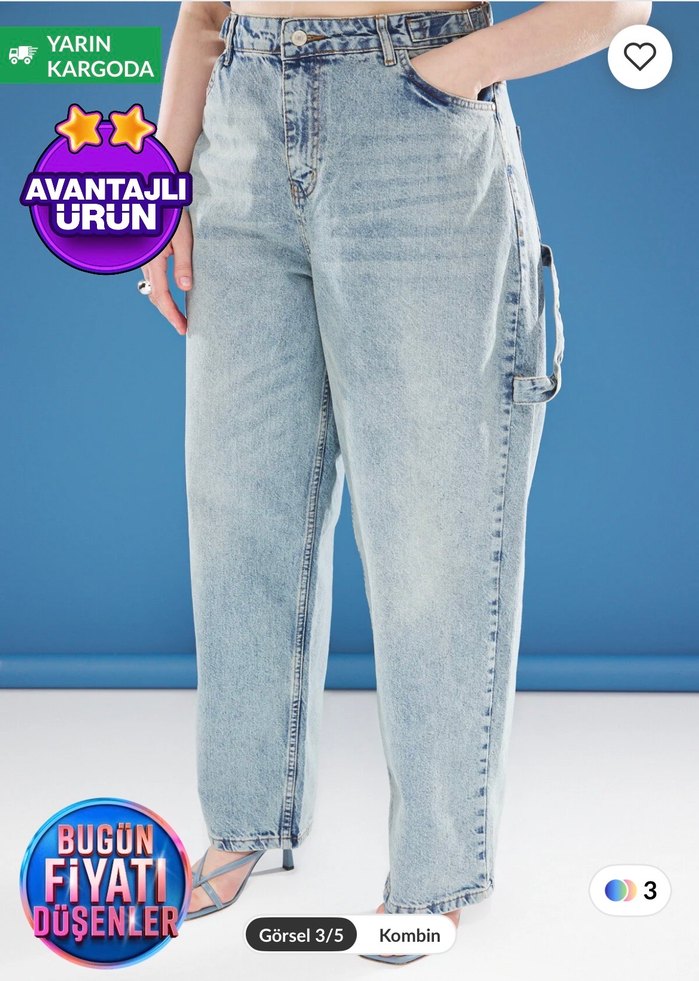 Kadın Mavi Batik Desenli Geniş Paça Kot Pantolon - Görsel 3