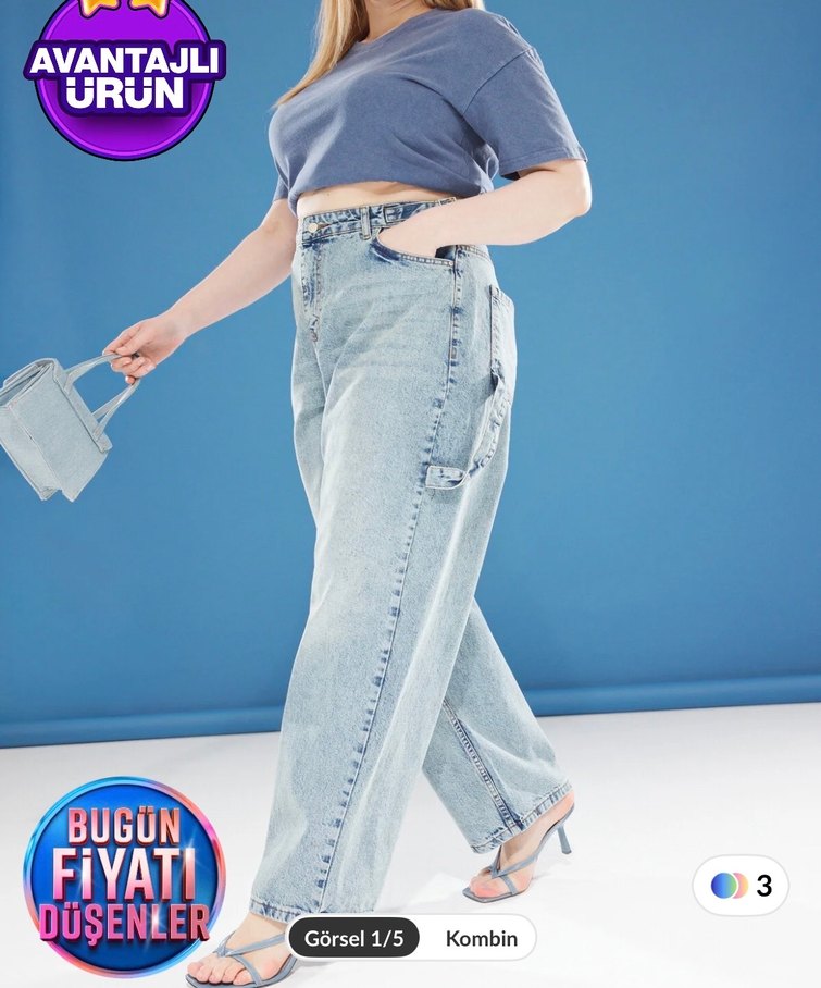 Kadın Mavi Batik Desenli Geniş Paça Kot Pantolon - Görsel 4