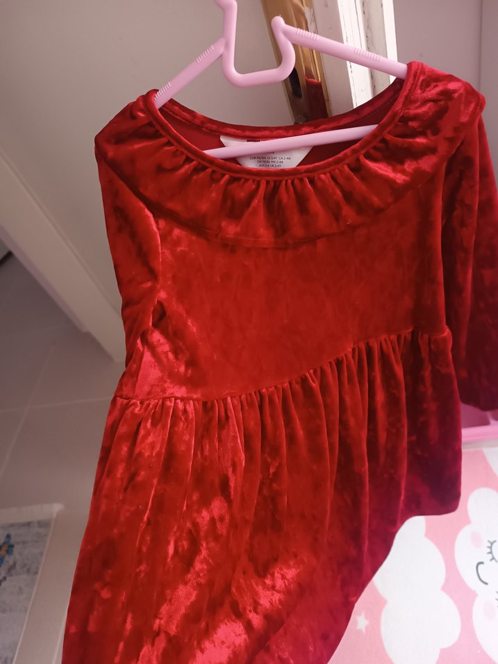 H&M Kız Çocuk Kırmızı Kadife Fırfırlı Elbise - Görsel 4