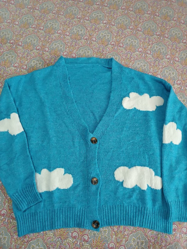 Mavi Bulut Desenli Örgü Kadın Hırka - Görsel 2