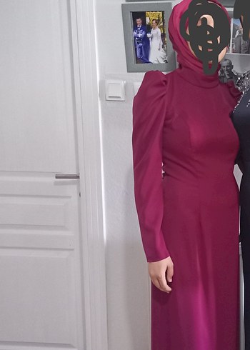 Bordo Uzun Kollu Drapeli Kadın Abiye Elbise