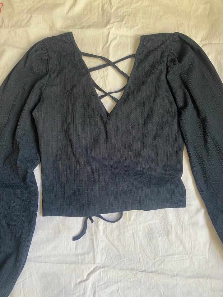 lacivert V Yaka Uzun Kollu Fit Bluz - Görsel 2