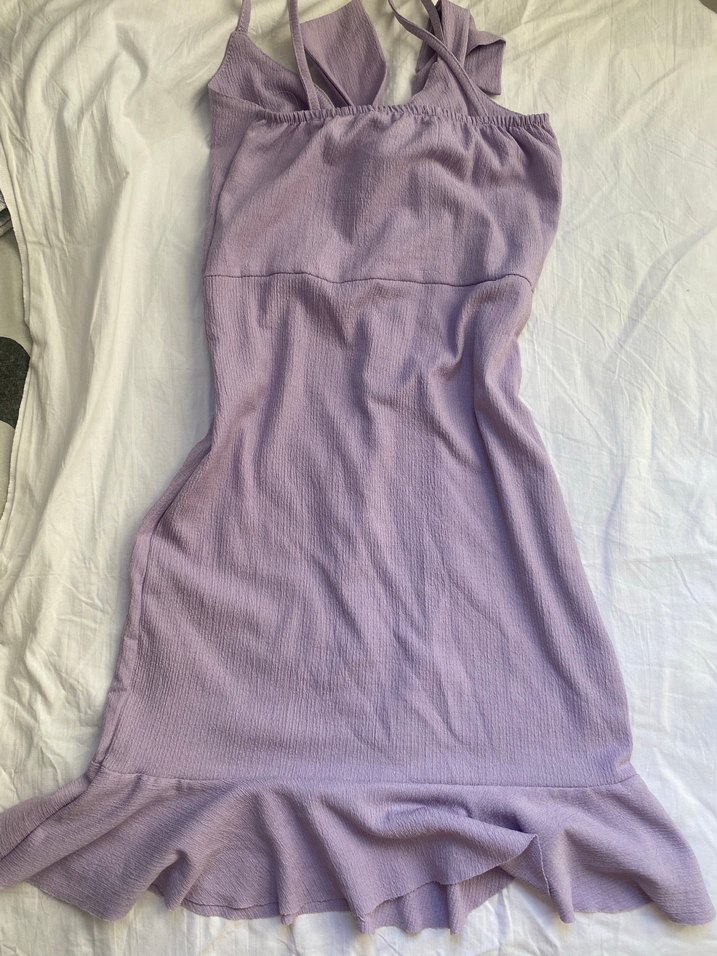 Mor Askılı Midi Keten Elbise - Görsel 2