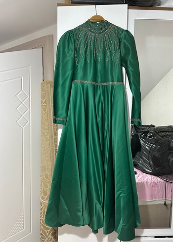 Abiye Uzun Kollu Yeşil Nakışlı Vintage Elbise