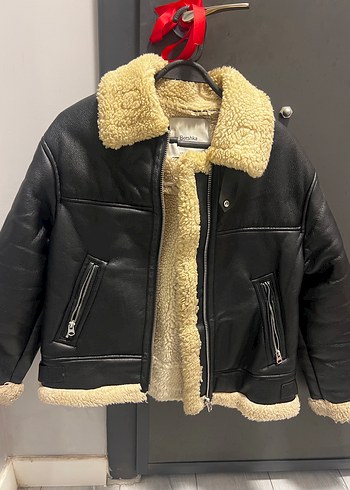 BERSHKA Kürklü Siyah Deri Kadın Ceket - Görsel 2