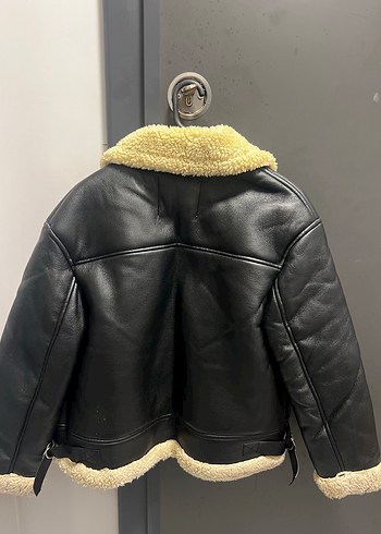 BERSHKA Kürklü Siyah Deri Kadın Ceket - Görsel 7