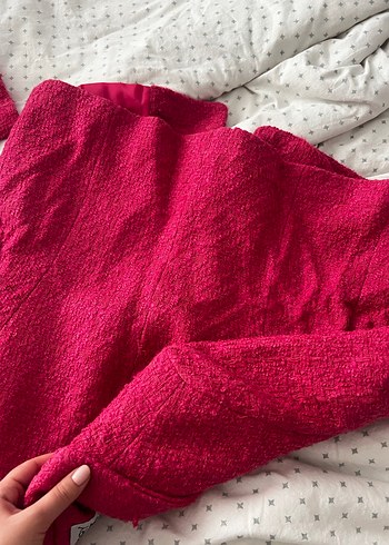 Vatkalı Düğmeli Pembe Kısa Kadın Blazer - Görsel 6