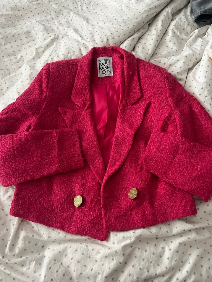 Vatkalı Düğmeli Pembe Kısa Kadın Blazer - Görsel 2