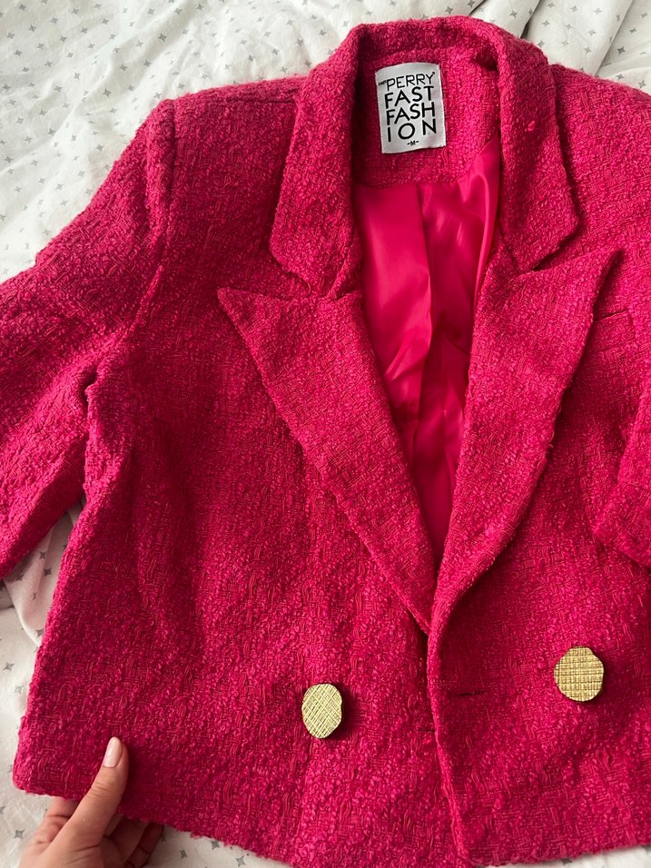 Vatkalı Düğmeli Pembe Kısa Kadın Blazer - Görsel 4