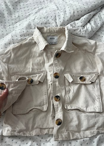 Bershka Balon Kollu Düğmeli Bej Kadın Keten Ceket - Görsel 2