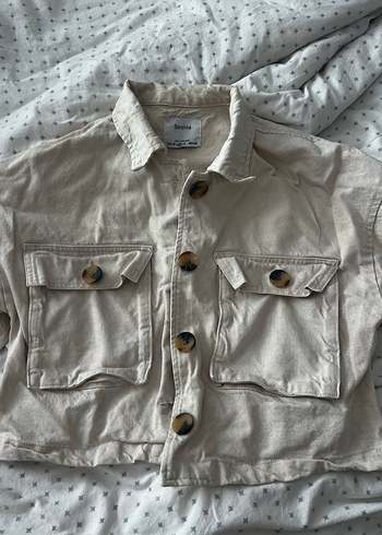 Bershka Balon Kollu Düğmeli Bej Kadın Keten Ceket - Görsel 3