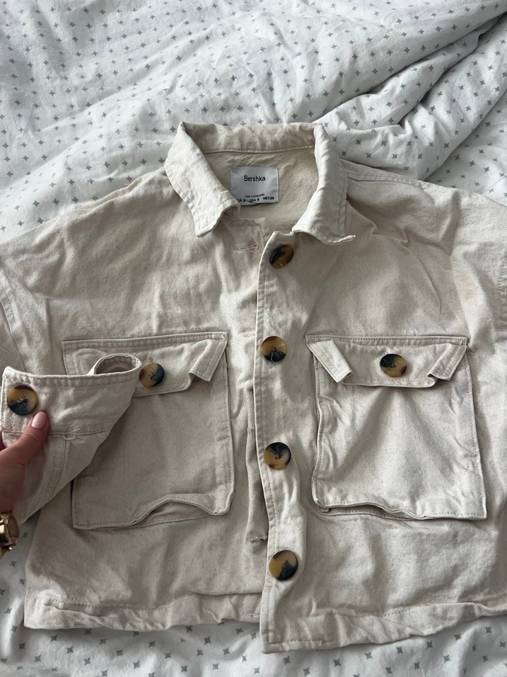 Bershka Balon Kollu Düğmeli Bej Kadın Keten Ceket - Görsel 2