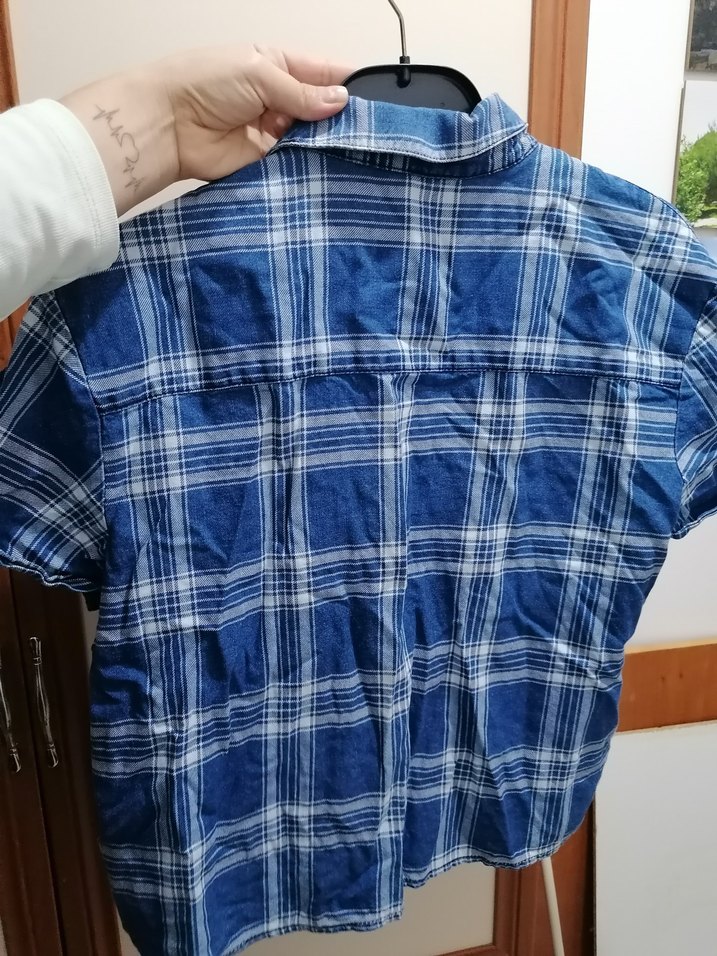 Mavi Ekoseli Kısa Kollu Kadın Gömlek - Görsel 4