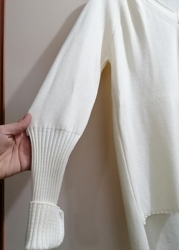 Krem V Yakalı Pamuklu Triko Kazak - Görsel 3