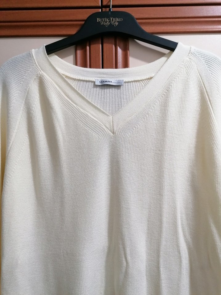 Krem V Yakalı Pamuklu Triko Kazak - Görsel 2