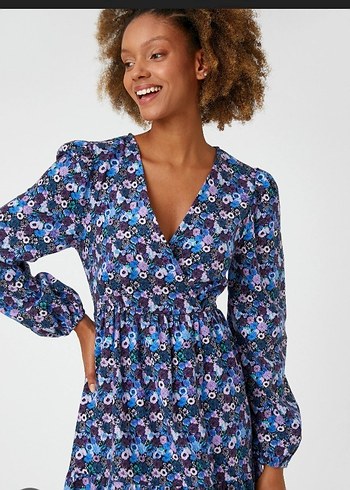 Uzun Kollu V Yaka Midi Desenli Elbise - Görsel 2