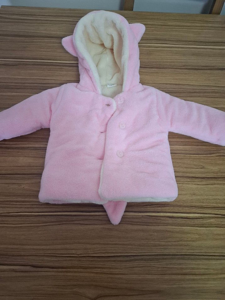 Kız Çocuk Pembe Kapüşonlu Kürklü Mont - Görsel 2