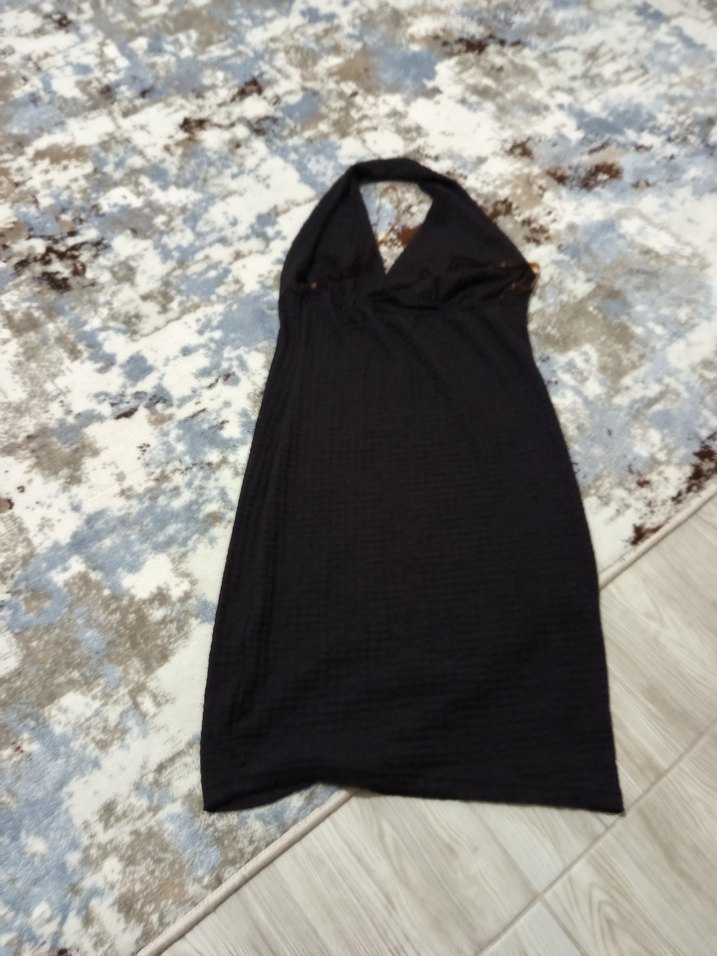 Siyah Drapeli Uzun V Yaka Kadın Elbise - Görsel 2