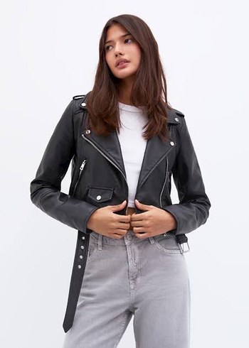 Kadın Siyah Deri Kemerli Ceket - Görsel 2