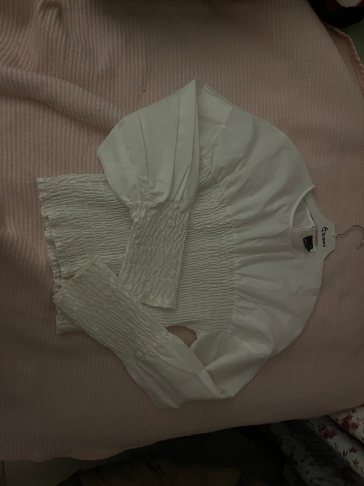 Beyaz Pilili Keten Kadın Bluz - Görsel 3