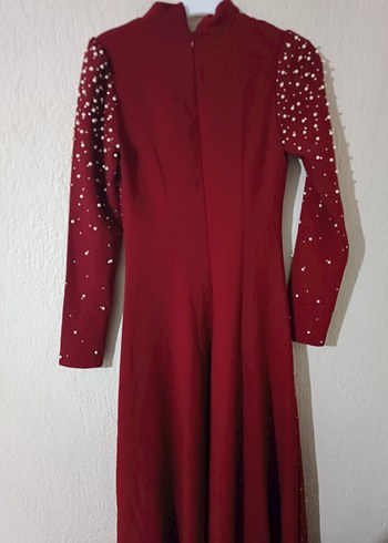 36 Beden Bordo boncuklu Uzun Kollu Abiye Elbise