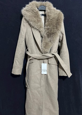 xs Beden camel Renk Zara Yünlü Peluş Yakalı Kemerli Kaban