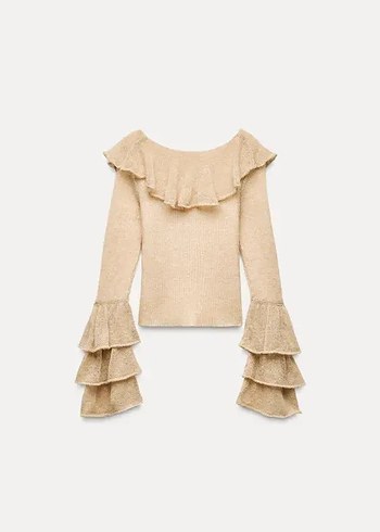 l Beden camel Renk Zara Triko Fırfırlı Bluz