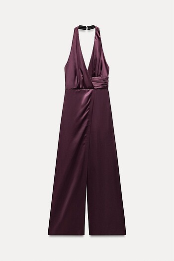 xs Beden bordo Renk Zara Halter Yaka Saten Tulum