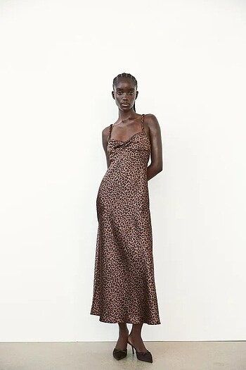 Zara Zara Leopar Desenli Saten Midi Elbise