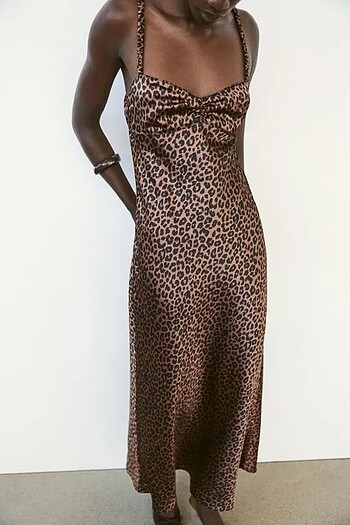 Zara Leopar Desenli Saten Midi Elbise