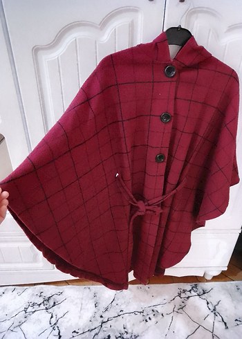 Bordo Ekoseli Boğazlı Salaş Kadın Panço - Görsel 2