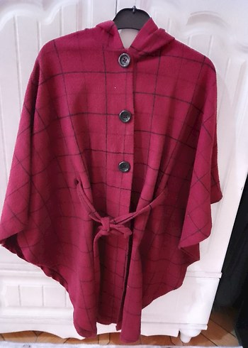 Bordo Ekoseli Boğazlı Salaş Kadın Panço - Görsel 3