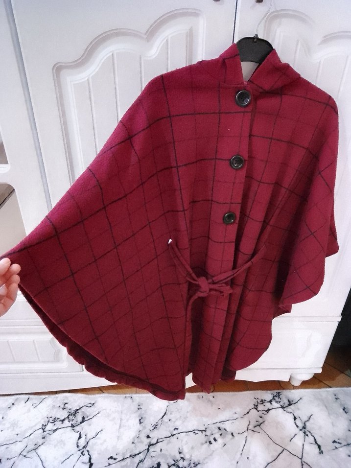 Bordo Ekoseli Boğazlı Salaş Kadın Panço - Görsel 2