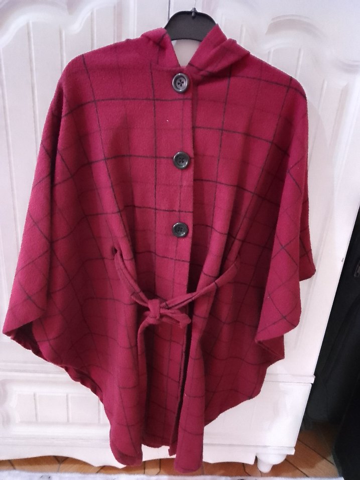 Bordo Ekoseli Boğazlı Salaş Kadın Panço - Görsel 3