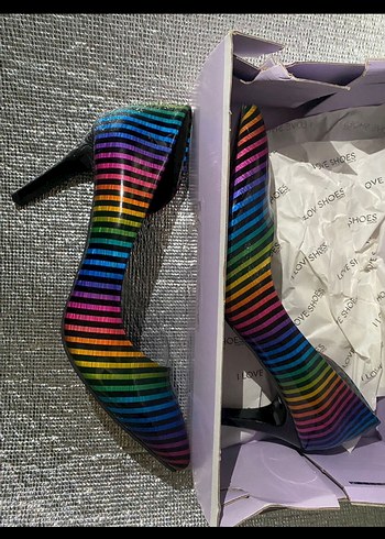 Parlak Çok Renkli Çizgili Kadın Stiletto - Görsel 2