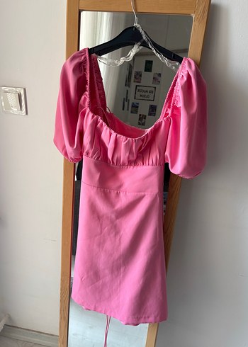 Pembe Midi Kadın Elbise, Sırt Detaylı, Strappy Kol