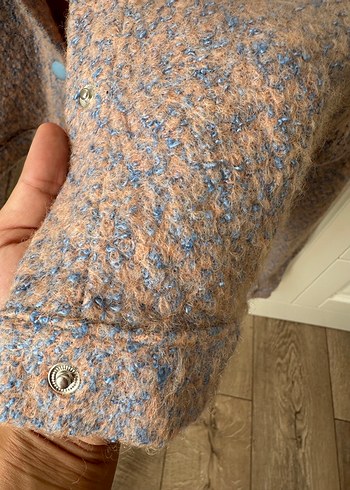 xl Beden Düğmeli, bağlama desenli kahverengi yün ceket